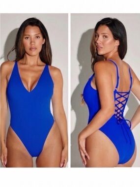 Ta3 Plungey Sapphire Blue Lace Up Open Back One Piece Shapewear Swimsuit M